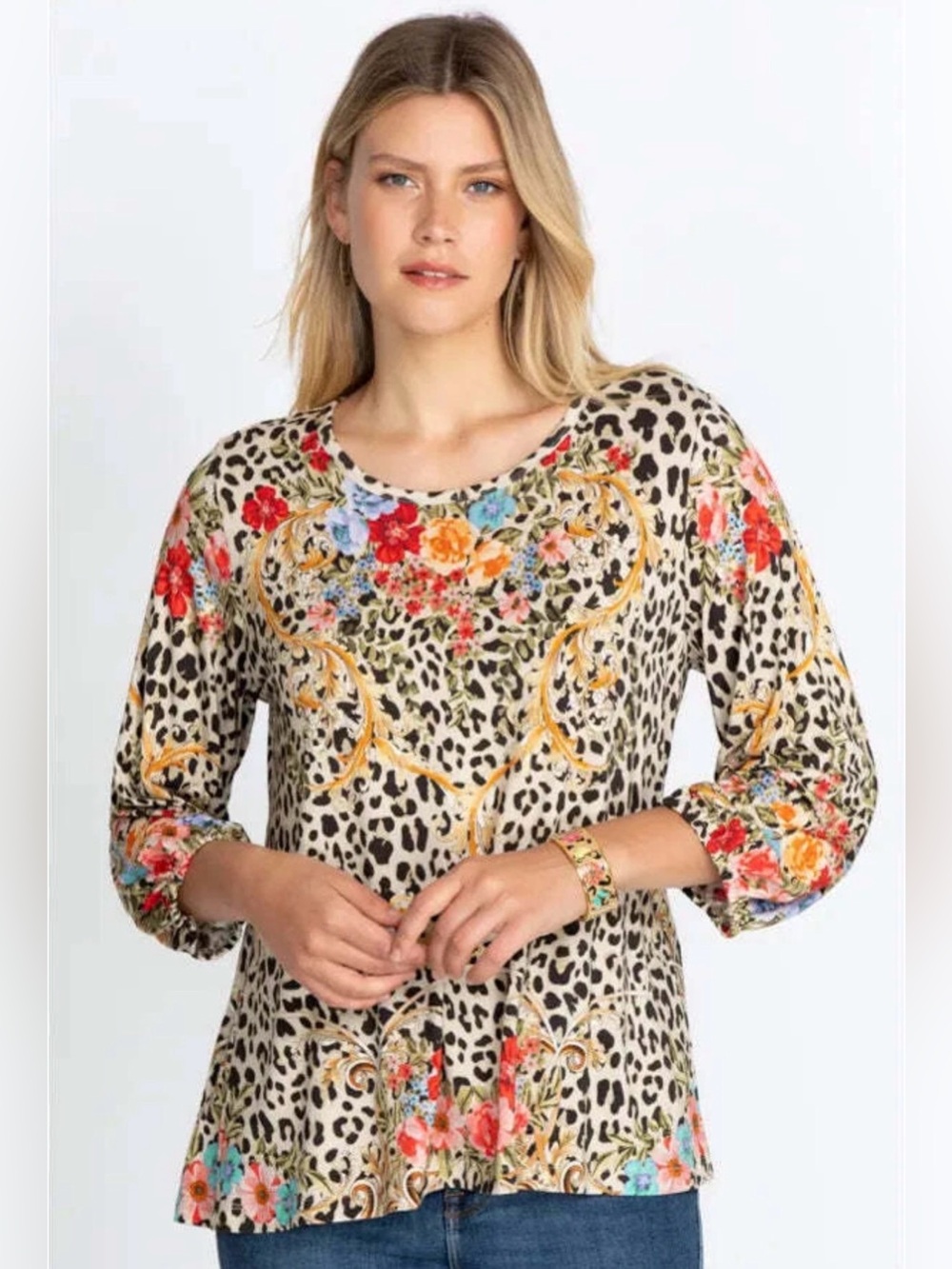 Johnny Was Leopard Print and Floral Print Top Size 1X